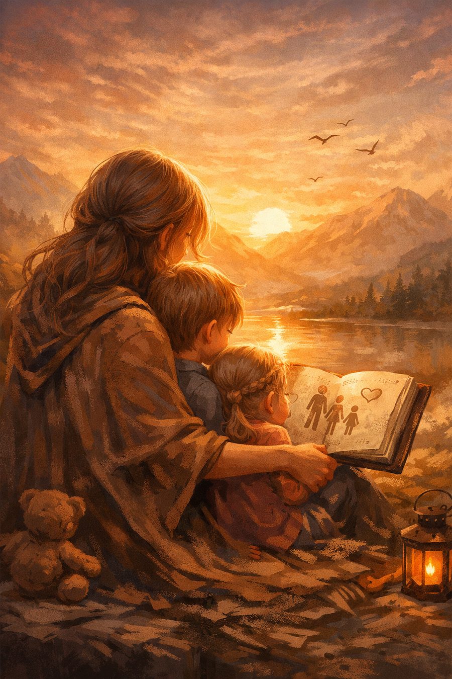 Altes Familienfoto: eine Frau liest zwei Kindern bei Sonnenuntergang vor